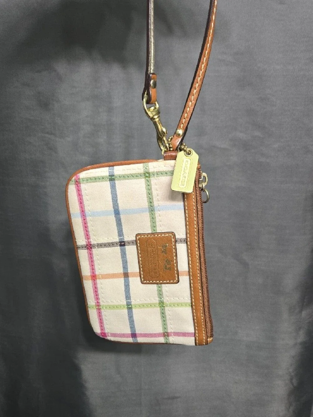 Coach Tattersall Canvas Wristlet with Tan Leather Trim